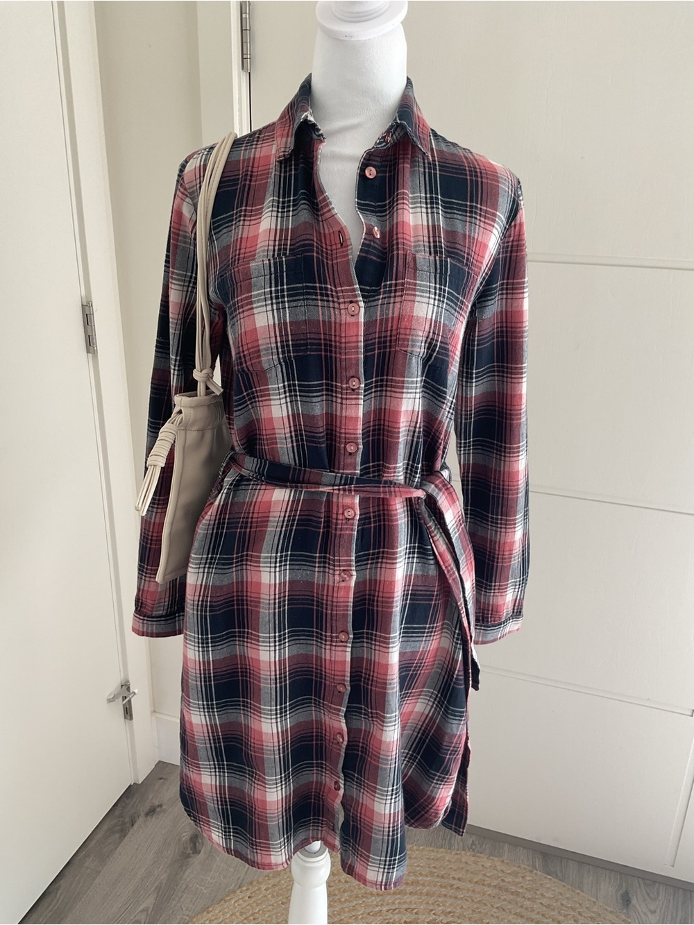 ***Soaked in Luxury ***Plaid Button-Front Midi Shirt Dress in Pink and Navy